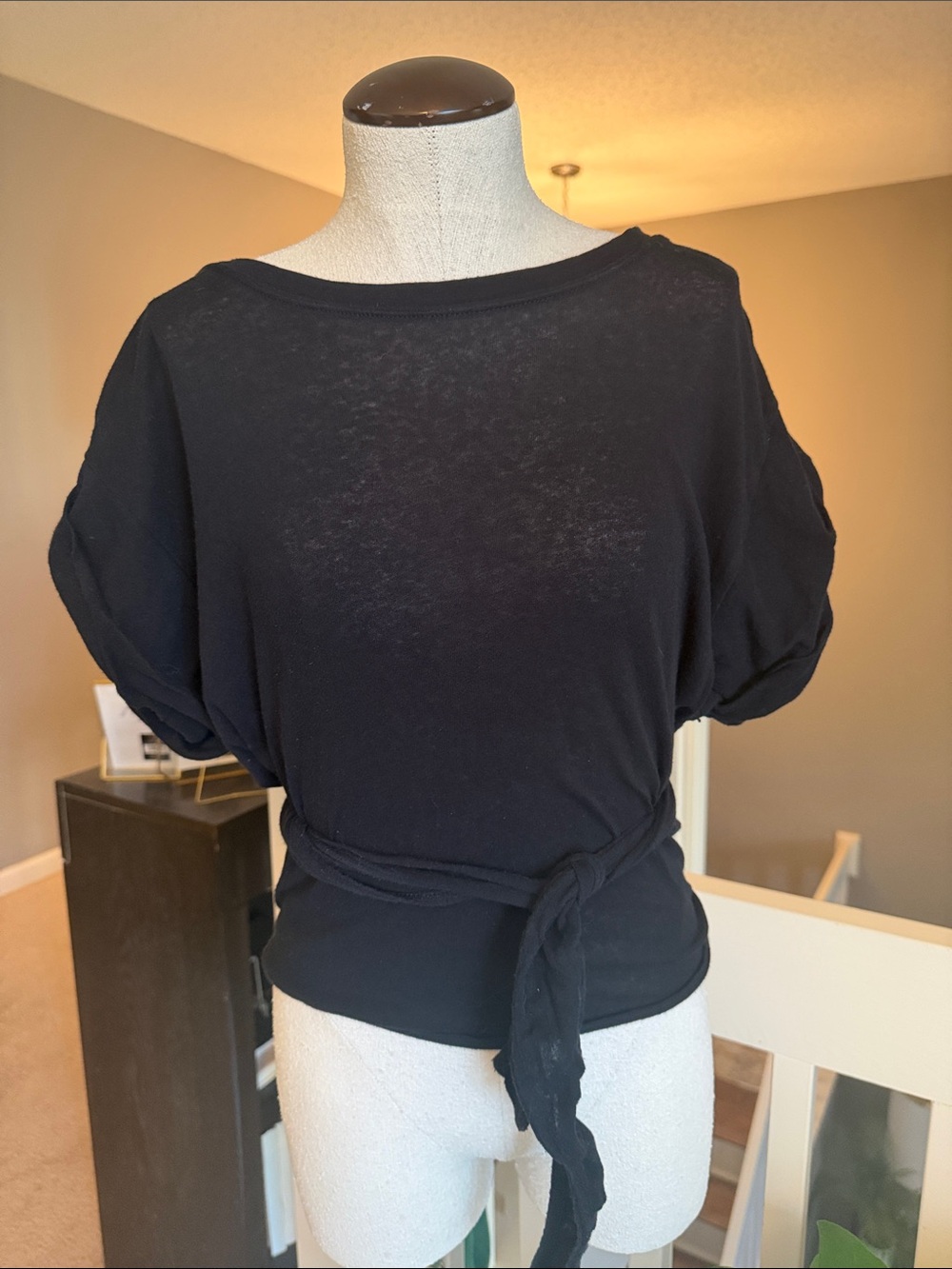 Free People Beach Black Tie-Waist Short Sleeve Top